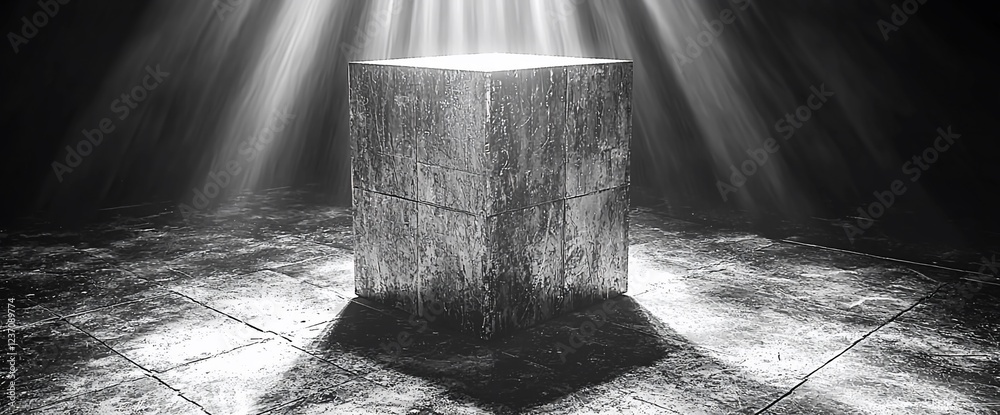 Poster Illuminated cube on dark floor.