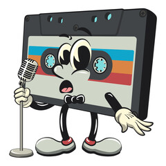 Cute retro cassette vektor illustration mascot character on front of the mic become a stand up comedian, work of hand drawn