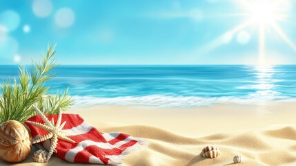 Seashells starfish and towel on a sunny beach