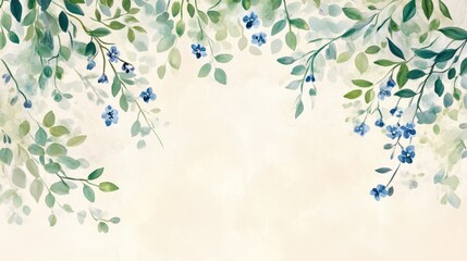 Watercolor Painting of Blue Flowers and Green Leaves