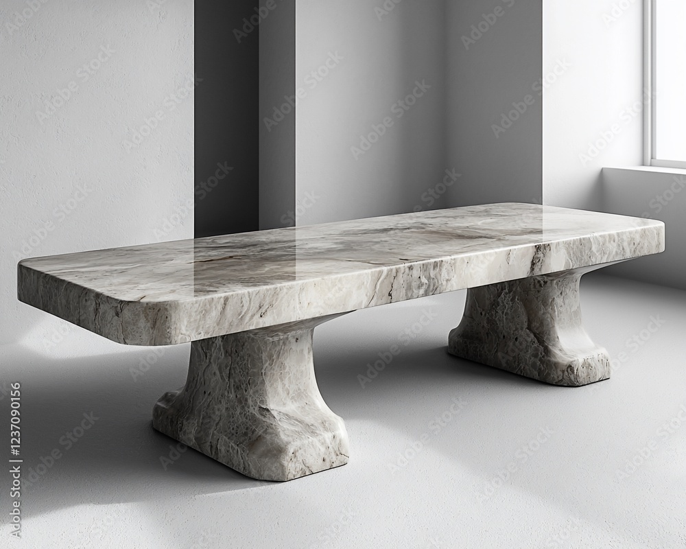 Poster sleek, rectangular stone coffee table with unique base.