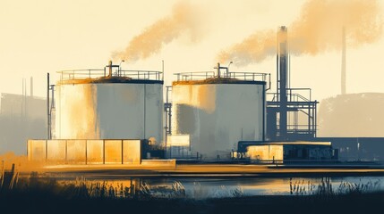 Obraz premium Industrial Storage Tanks at Sunset near Water