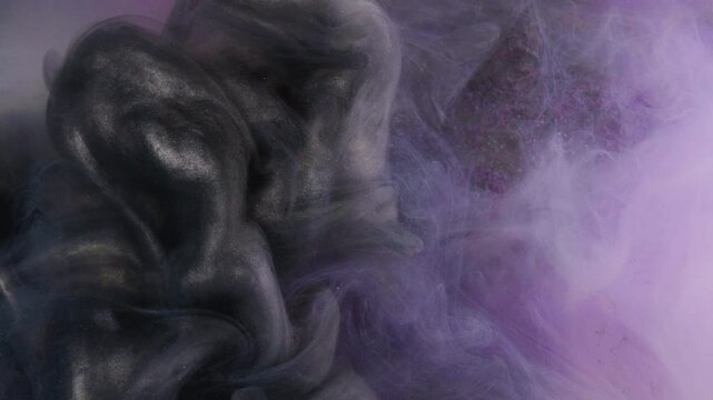 Smoke explosion. Grunge fume. Silver shimmering shaft wave rolls across purple surface. Gray stream of mystical glitter paint water abstract background.