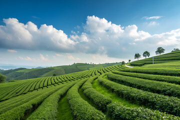 Beautiful tea garden rows scene isolated and cloud