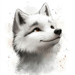 A cute arctic fox (or white fox) in digital illustration style. The fox looks up with a friendly smile, its fur is fluffy, with gray and black shades at the ends of the fur. 