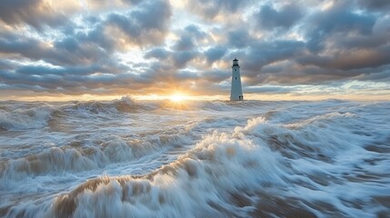 Fototapeta premium Lighthouse Stands Strong Against Powerful Ocean Waves During Sunset