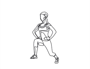 Single continuous line drawing of young sportive woman training pose in sport gymnasium club center. Fitness stretching concept. Trendy one line draw design vector illustration	