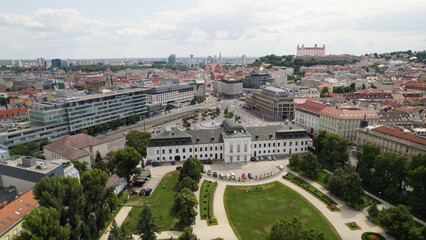 Grassalkovich Presidential Palace and Bratislava cityscape view on a cloudy day