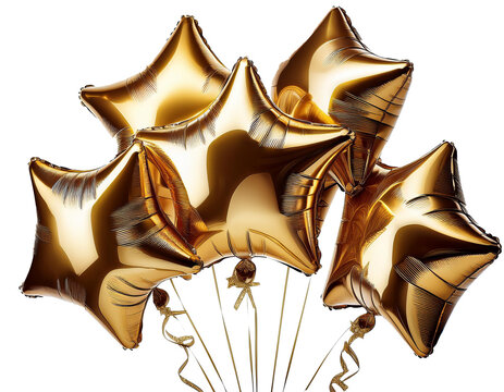 Golden star ballons isolated on white background, cutout 