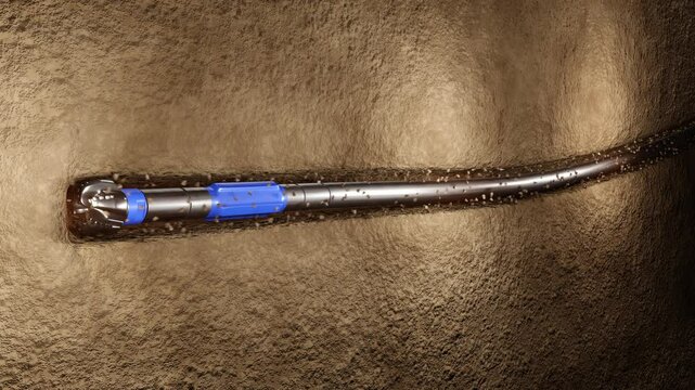 Directional and horizontal drilling. Oil well. Rig. PDC drill Bit. Diamond cutters. Motor. Moving cuttings. Suitable for educational purposes. 4K High resolution. 3D render. Animation. Seamless loop. 