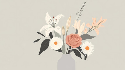 Fototapeta premium A minimalist illustration depicts a serene floral arrangement. a pale gray vase holds a rose, lilies, chrysanthemums, and other flowers in muted earth tones. Muted Earthtones. Illustration