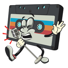 Cute retro cassette vektor illustration mascot character sing earnestly with maximum style, work of hand drawn