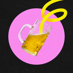 Creative beer concept with a frothy golden lager in a vintage glass mug, highlighted by a bold neon swirl. Perfect for advertising, beer festivals