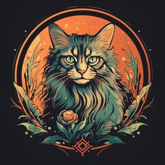 Mystical Long-haired Cat in Pre-Raphaelite Style with Floral Elements