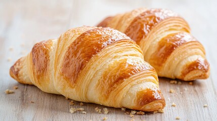 Two golden croissants on wooden table, close-up. Food photography for recipe blogs
