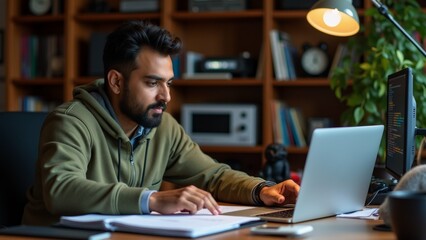young man sitting desk front laptop computer wearing green hoodie has beard appears focused his work typing keyboard looking intently screen desk computer monitor keyboard pen papers behind him
