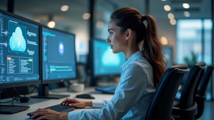 young woman sitting desk front two computer monitors she wearing white shirt has her hair tied back ponytail monitors displaying various graphs charts woman appears focused her work desk cluttered
