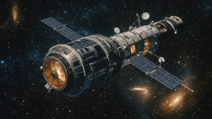 Spacecraft orbiting amidst distant galaxies and stars