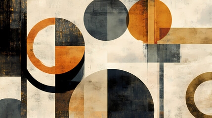 Abstract geometric artwork featuring circles and squares. Muted Earthtones. Illustration
