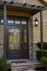 Elegant Home Entrance with Ornate Door and Stonework.  Beautiful exterior design featuring a pergola, landscaping, and stylish lighting.