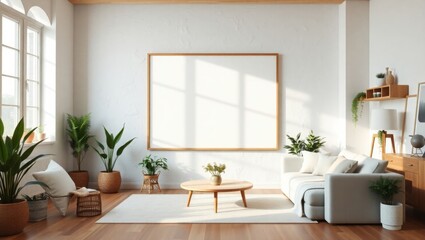 Fototapeta premium Scandinavian-Style Interior with a Framed Wall Poster Mockup