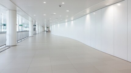 Obraz premium Modern airport corridor, bright interior, curved walls, travel background