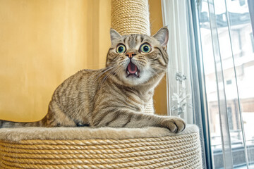 Surprised tabby cat with wide eyes and open mouth sitting on a scratching post in a modern apartment with a large window in the background