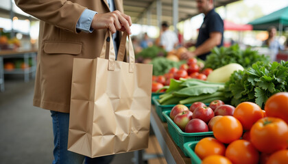Person shopping for fresh produce at outdoor market with paper bag in hand