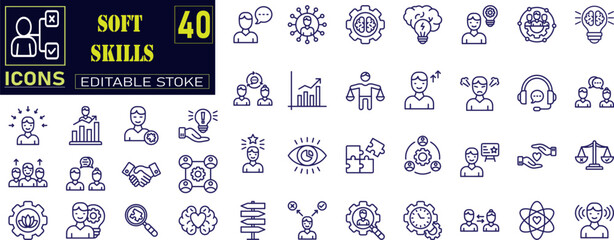 soft skills icon set collection. active listening, communication, teamwork, time management, self confidence .