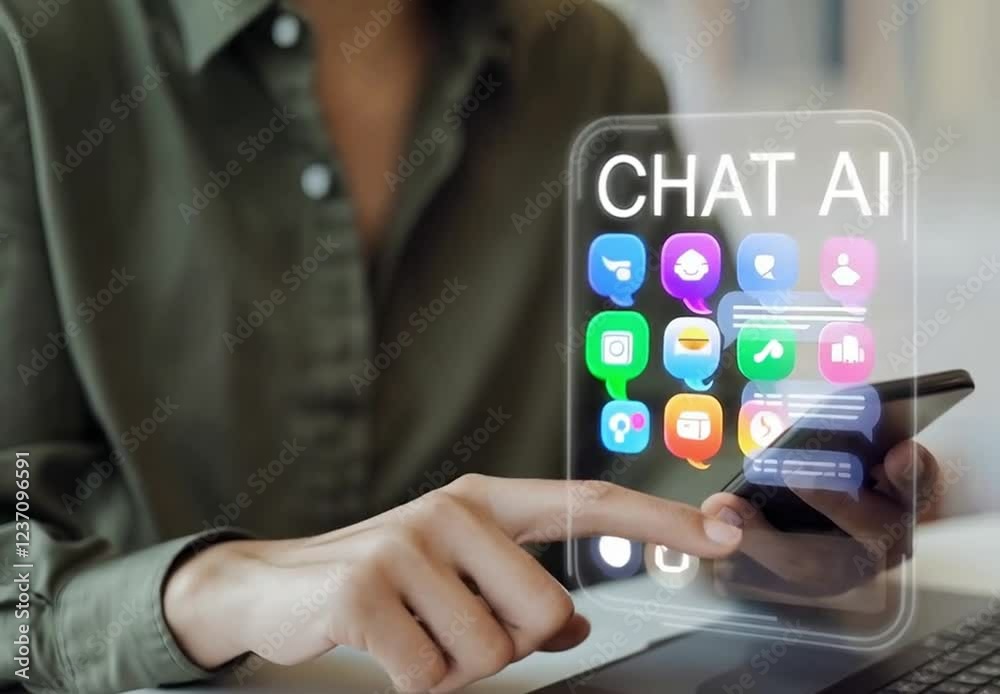Poster future of business: ai chatbot interaction. businessman using smartphone, engaging with intelligent 