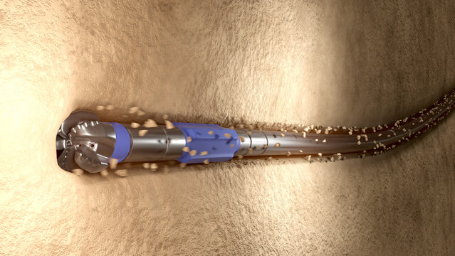 Directional and horizontal wells. Oil and gas rig. PDC drill Bit. Diamond cutters. Steering. Stabilizer and motor.  High resolution. 3D render. Suitable for explanatory and educational purposes.