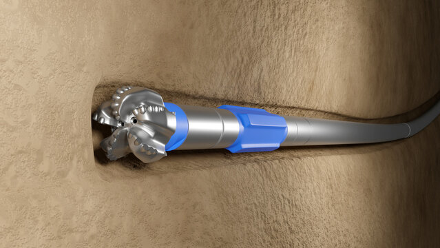 Directional and horizontal wells. Oil and gas rig. PDC drill Bit. Diamond cutters. Steering. Stabilizer and motor.  High resolution. 3D render. Suitable for explanatory and educational purposes.