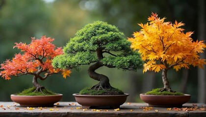 Serene Autumn Bonsai Trio Green, Red, and Gold Mini Trees