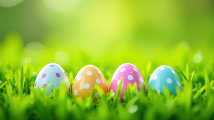 Colorful polka-dotted Easter eggs nestled in lush green grass with a soft-focus background. Ample copy space for text, perfect for holiday greetings, festive designs, social media post.