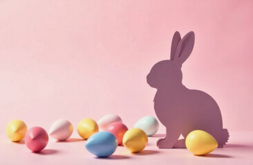 Minimalist Easter composition with a bunny silhouette and pastel eggs on a soft pink background. Ample copy space for text, perfect for holiday cards, invitations, and festive designs.