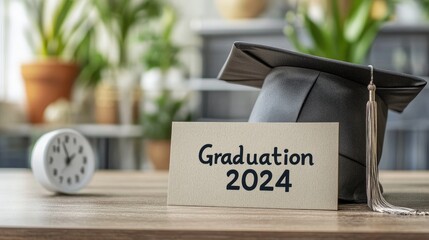 Graduation cap card and clock symbolize upcoming graduation