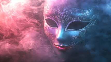 Soft mist encircles the mask gently reflecting the iridescent colors under an ethereal glow. Iridescent Glow. Illustration