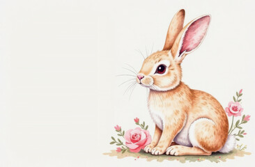 Obraz premium Beautiful Easter background featuring a watercolor bunny with delicate pink flowers on a soft, light backdrop. Perfect for greeting cards, invitations, and festive designs with copy space.
