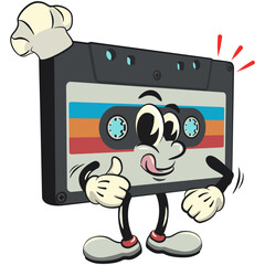 Cute retro cassette vektor illustration mascot character love being chef give thumbs up, work of hand drawn
