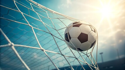 Naklejka premium A soccer ball strikes the net, capturing the essence of thrilling sports moments under a bright sky.