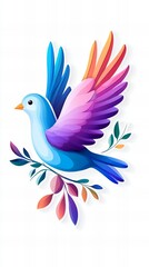Obraz premium Vibrant illustration of a colorful bird in flight, surrounded by leaves. A symbol of freedom and hope.