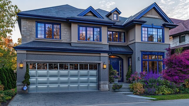 A large two-story home with sapphire windows and midnight blue trim, featuring an extra-wide silver garage door