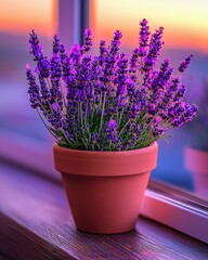 Obraz premium Simple Terracotta Pot of Lavender on a Wooden Windowsill