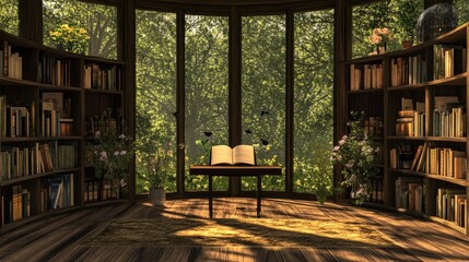 Serene Library Room Open Book Forest View