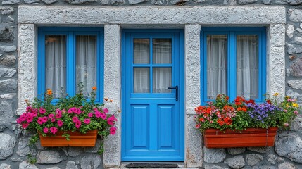 Charming Blue Door and Windows with Flower Boxes on a Stone House