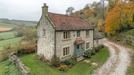 Fototapeta premium Charming Stone Cottage nestled in Autumnal Landscape