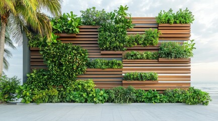 Modern Wooden Wall with Green Plants in Front of the Beach – Natural and Serene Outdoor Decor