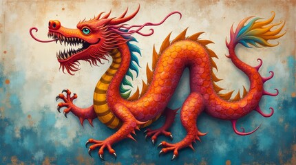 Fototapeta premium A colorful dragon symbol painted on a textured canvas, featuring swirling patterns and vibrant hues