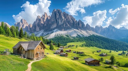 Obraz premium Wooden Cabins Nestled In Alpine Valley Mountain Scenery