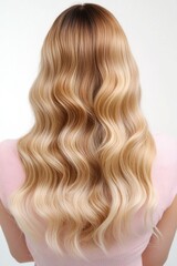 Naklejka premium Light Wavy Hair Extensions on Model with Honey-Blond Ombre Hair, Glamorous and Stylish Look